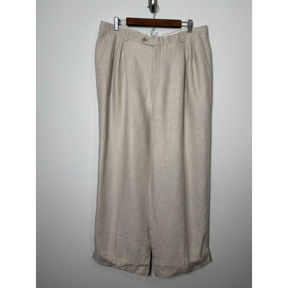Zanetti Italian Linen Dress Pants Mens 38X28 Pleated Wide Leg Cuffed Trousers